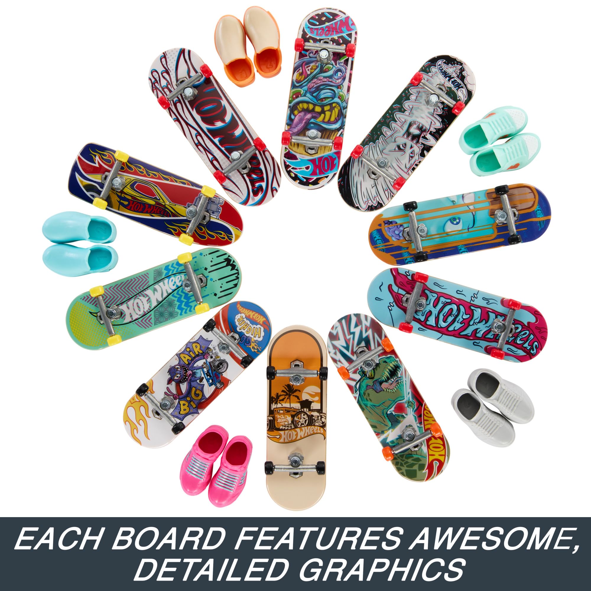 Hot Wheels fingerboard assembled collection showcases vivid graphics and ready-to-skate setup.