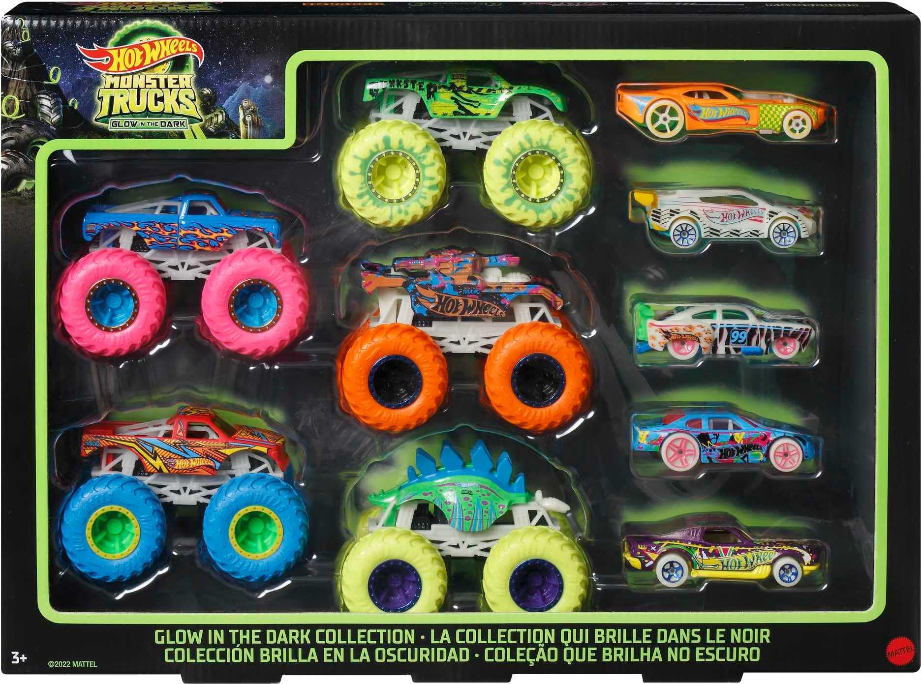 Hot Wheels glow-in-the-dark monster trucks 10-pack glow for exciting nighttime play sessions.