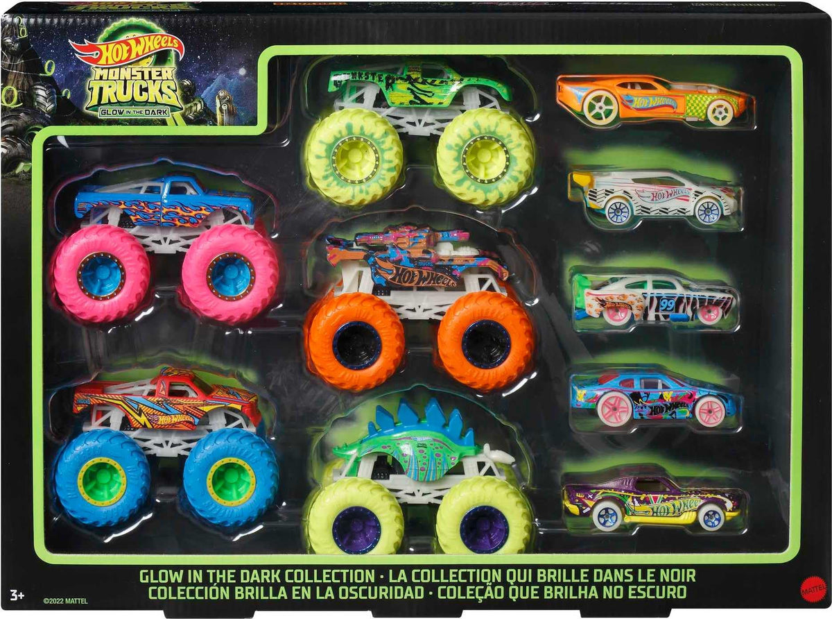 Hot Wheels glow-in-the-dark monster trucks 10-pack glow for exciting nighttime play sessions.