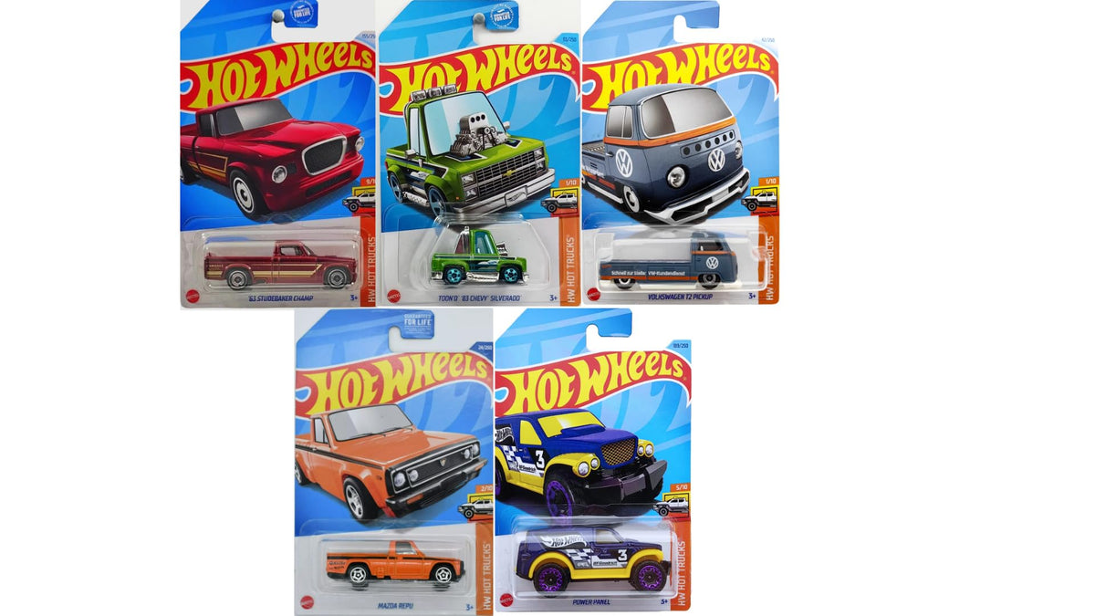 Hot Wheels Hot Trucks 5-pack unboxing shows diverse die-cast trucks for display and play.