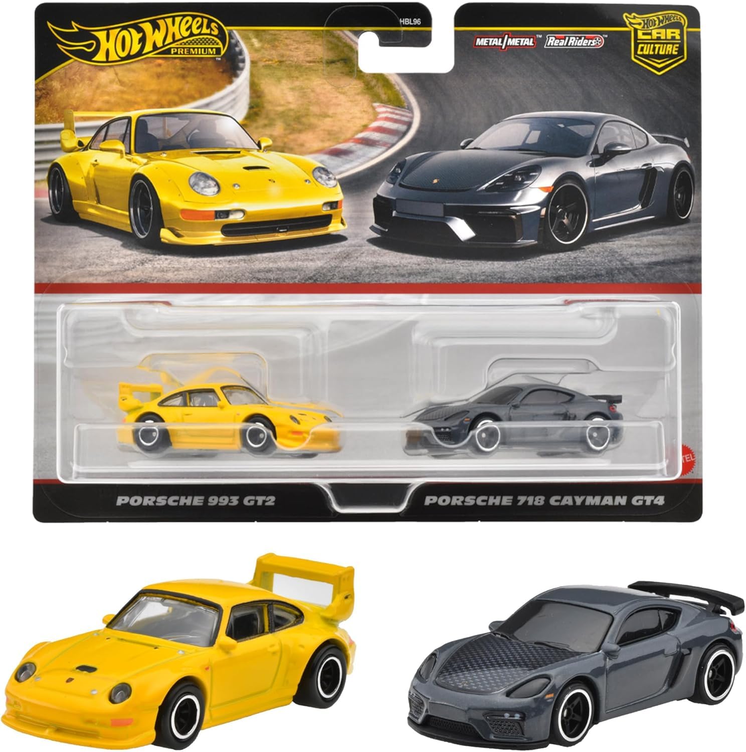 Hot Wheels HRR82 Porsche 993 GT2 side view with Real Riders detail for collectors.