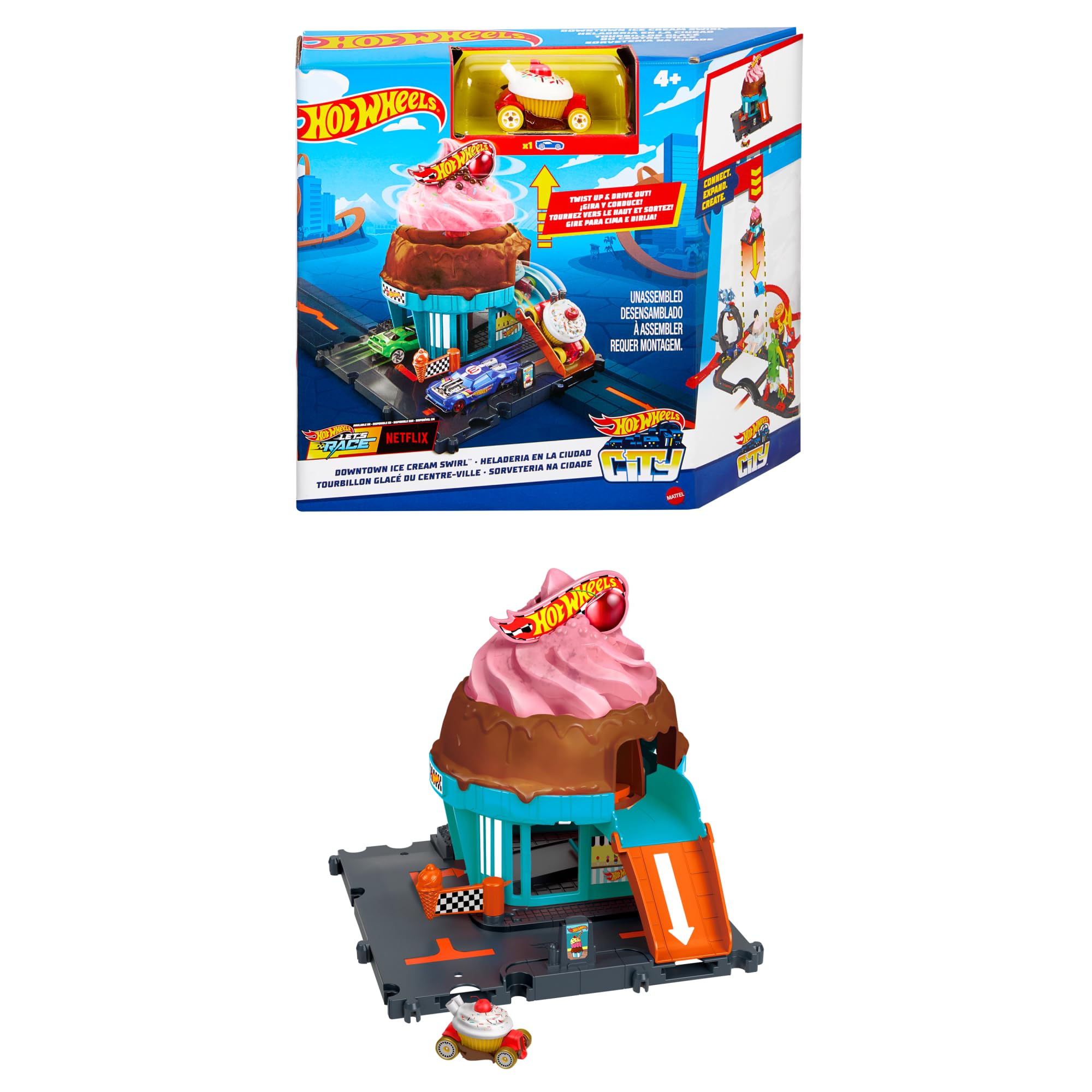Hot Wheels HTN77 ice cream shop playset view inviting imaginative play