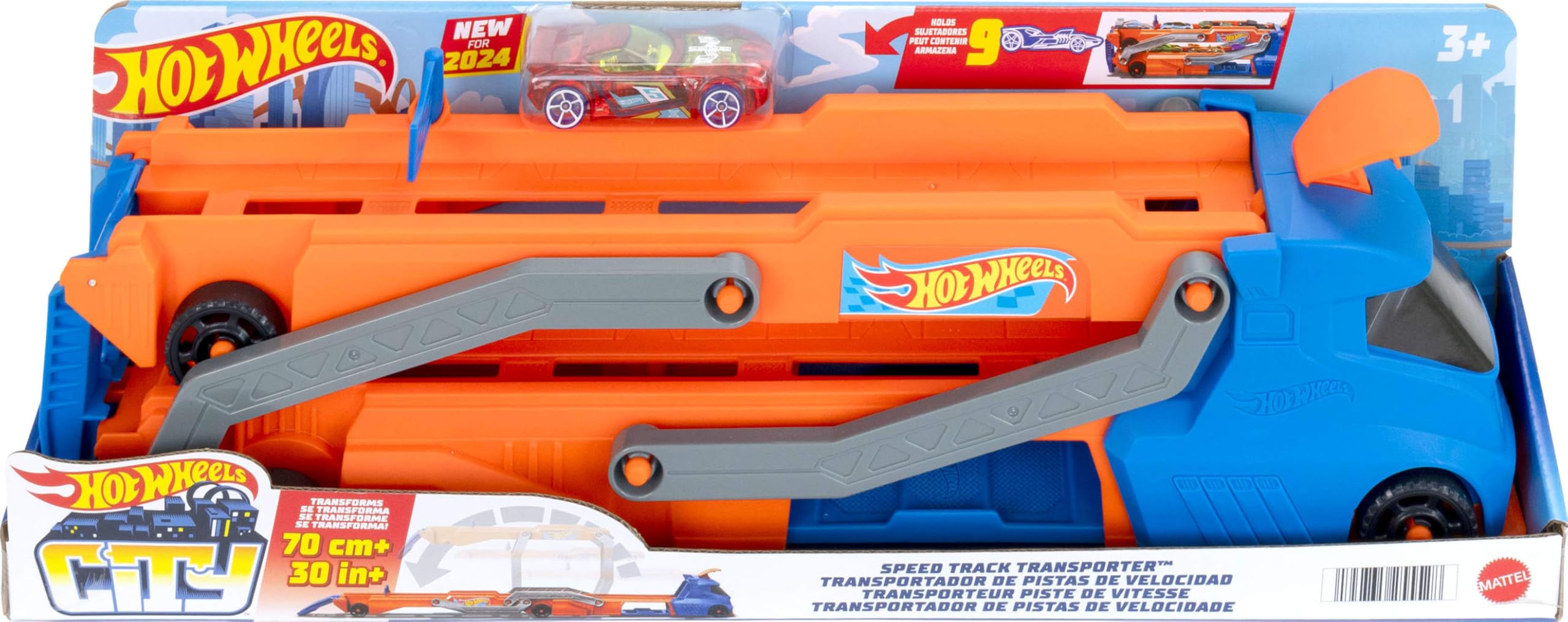 Hot Wheels HYT83 speed track transporter front view, portable design for on-the-go car storage.