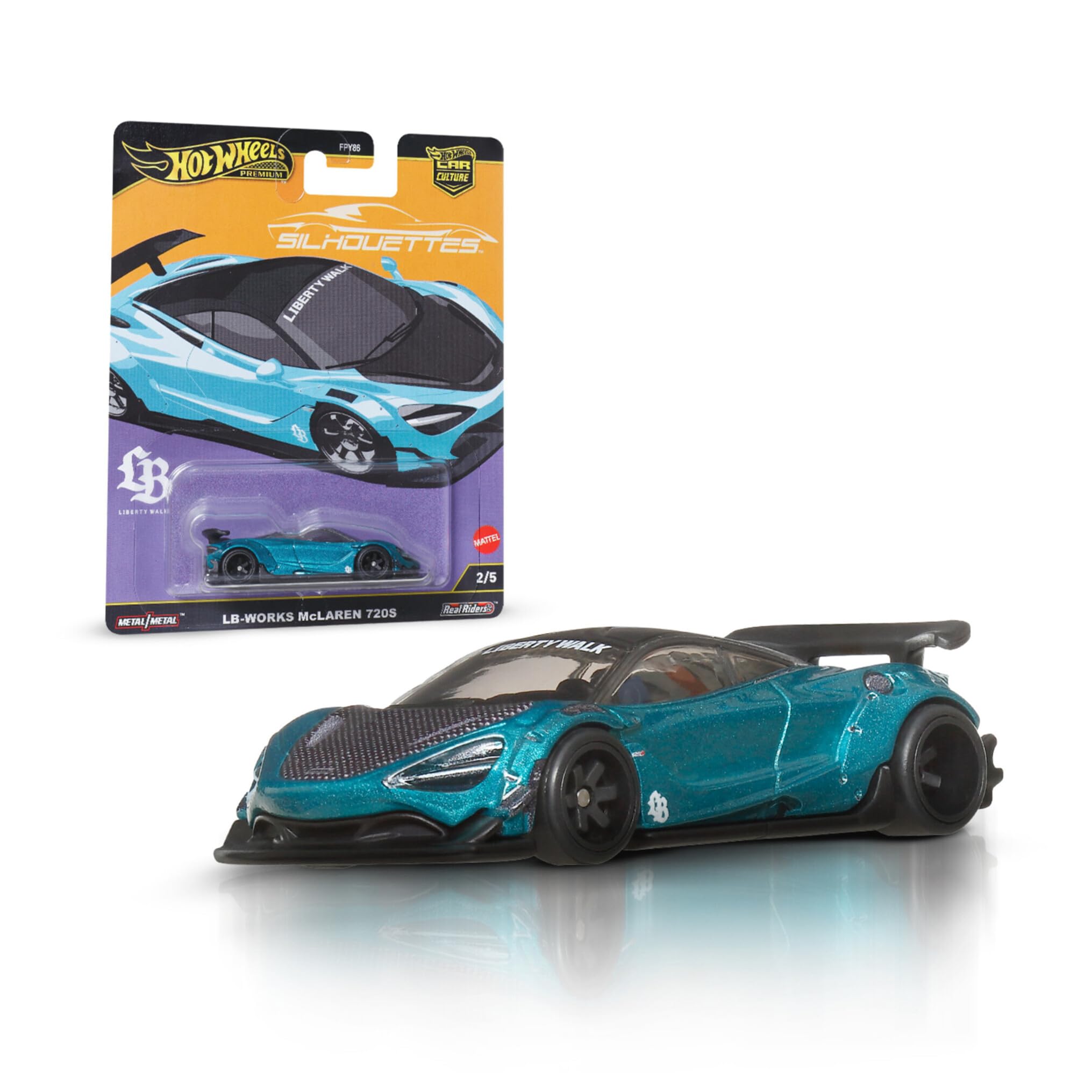 Hot Wheels LB-Works McLaren 720S front view with Real Riders tires for display.