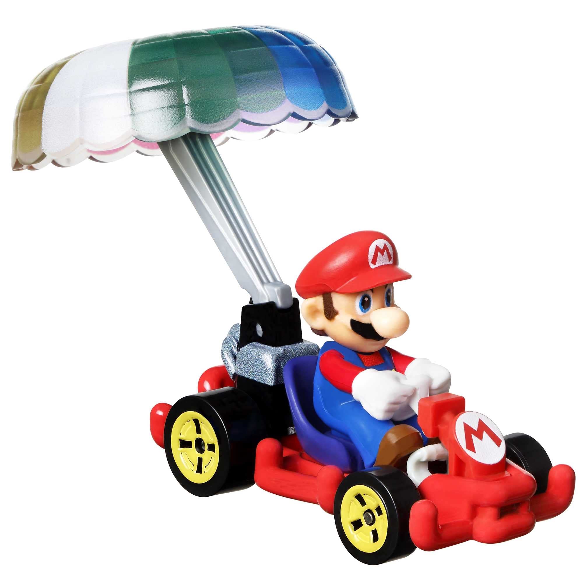 Hot Wheels Mario character cars close-up paintwork shows vibrant details.