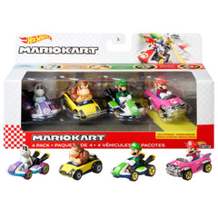 Hot Wheels Mario Kart 4-pack with four vehicles ready for racing.
