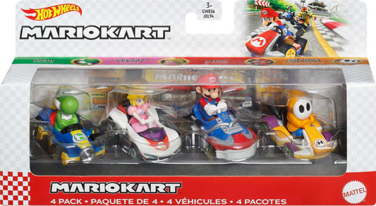 Hot Wheels Mario Kart 4-Pack shows four character karts ready for track adventures.