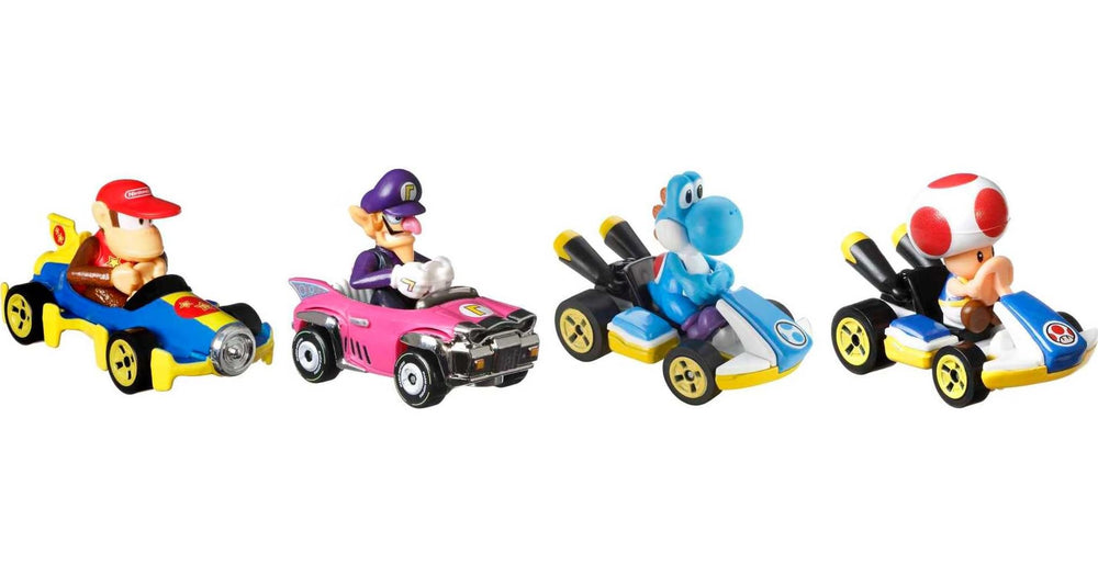 Hot Wheels Mario Kart 4-Pack packaging and artwork highlighting the exclusive model.