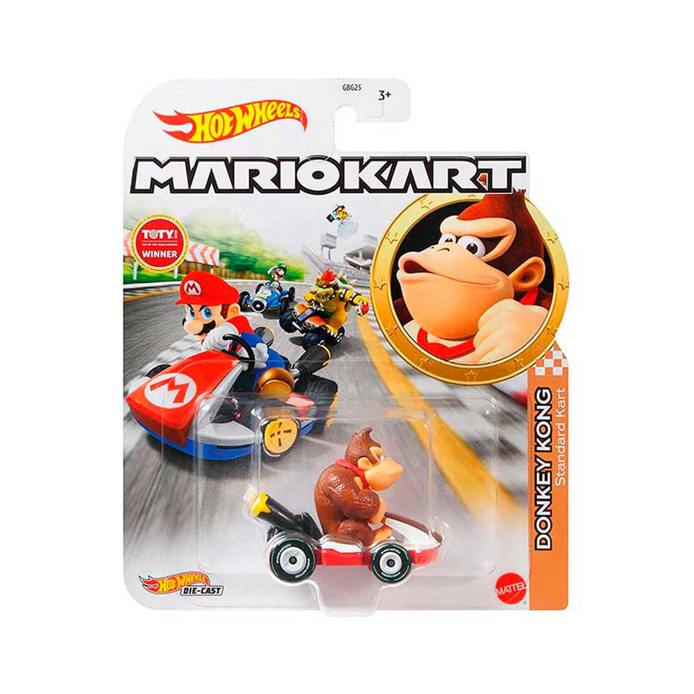Hot Wheels Mario Kart Donkey Kong standard kart, front view, bold color and metal finish.
