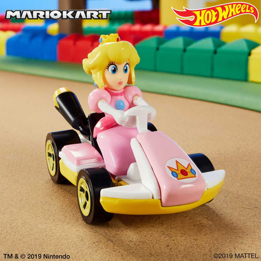 Close-up of Peach molded into the kart for authentic visuals.