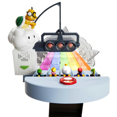 Electronic start gate and finish gate announce the winner on the Rainbow Road Raceway