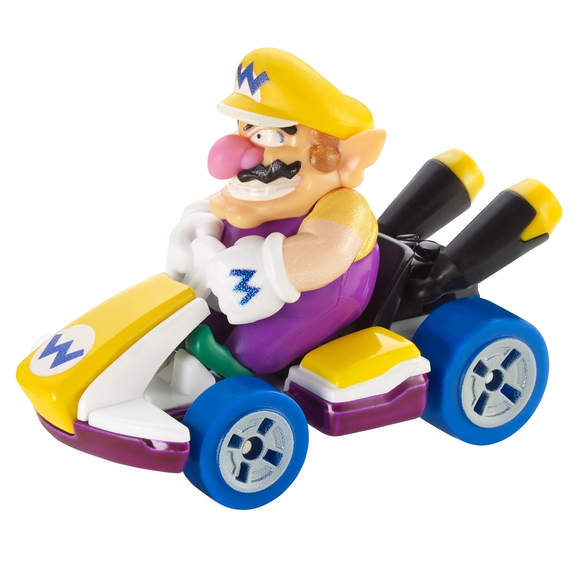 Hot Wheels Mario Kart Wario 1:64 detail shot, authentic decals and purple hue for action play.
