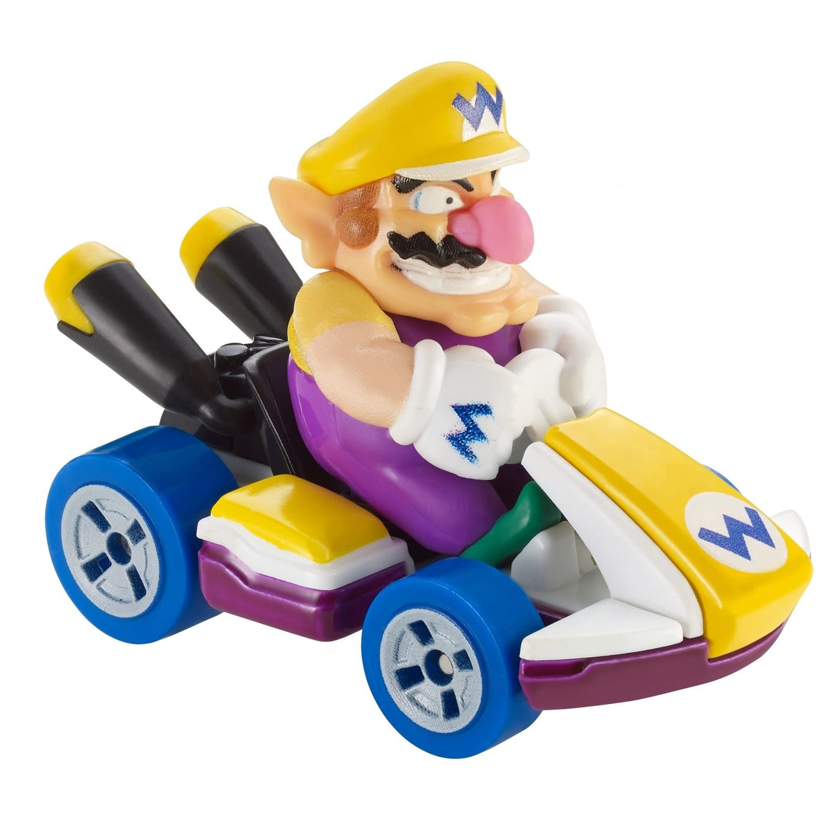 Hot Wheels Mario Kart Wario die-cast 1:64 side view, vivid purple for play and display.