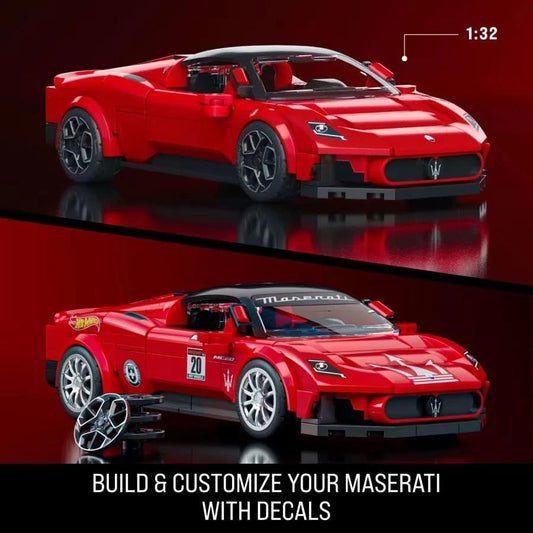Hot Wheels Maserati MC20 assembly parts laid out for precise, engaging construction.