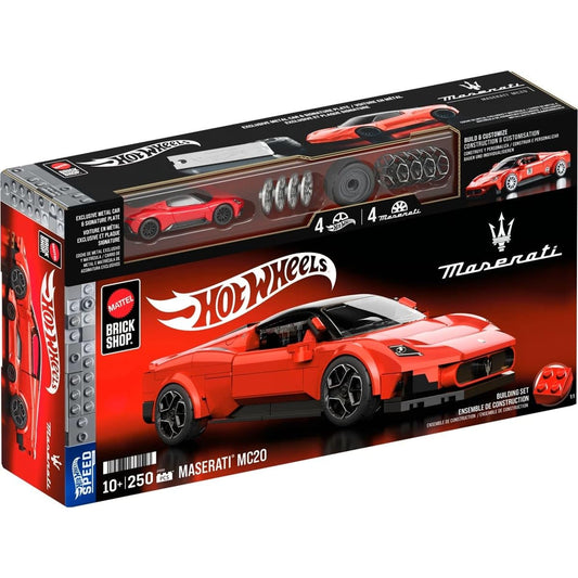 Hot Wheels Maserati MC20 building kit box showcases premium packaging for enthusiasts.