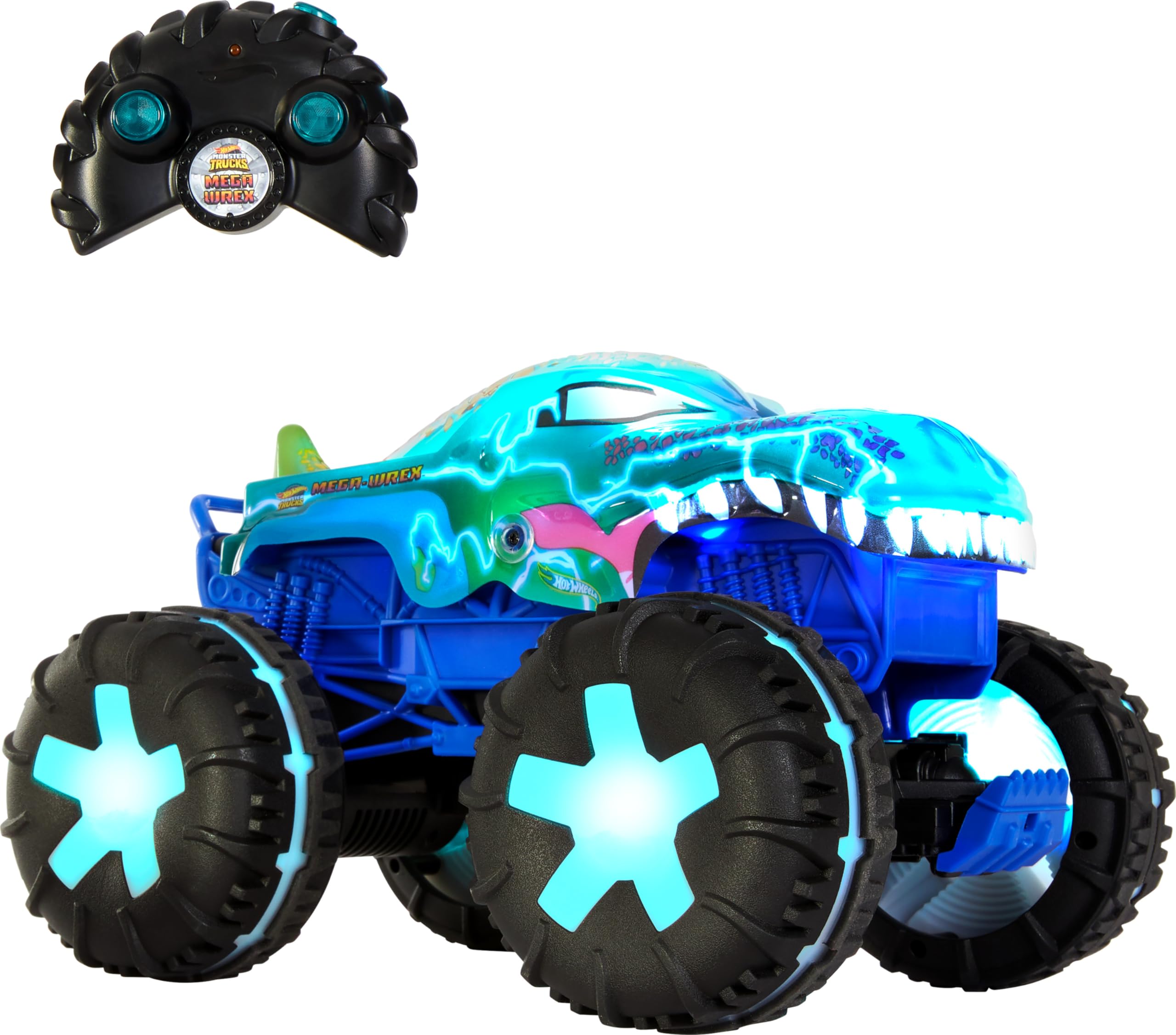 Hot Wheels Mega-Wrex alive RC truck lights up for immersive play.