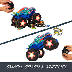 Hot Wheels Mega-Wrex guard mode recharges with ambient glow after play.