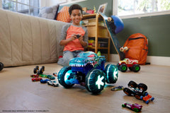 Hot Wheels Mega-Wrex hunt mode activation with flashing lights and growls.