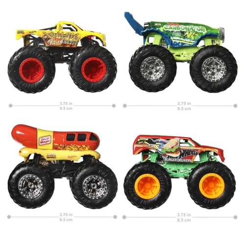 Hot Wheels Monster Trucks 4-Pack packaging info explains contents and compatibility for kids
