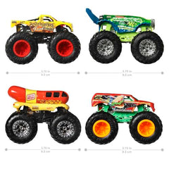 Hot Wheels Monster Trucks 4-Pack packaging info explains contents and compatibility for kids