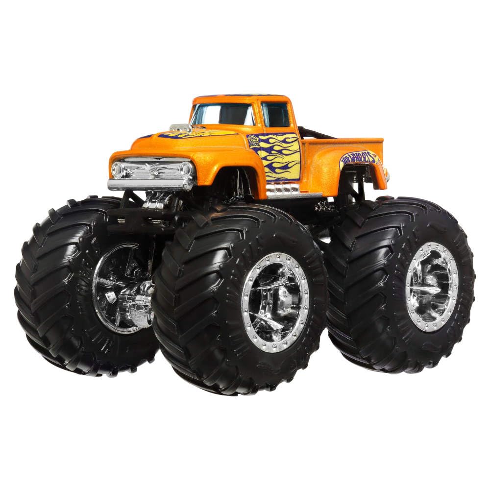 Hot Wheels Monster Trucks 4-Pack truck 1 side view emphasizes giant wheels for dynamic racing