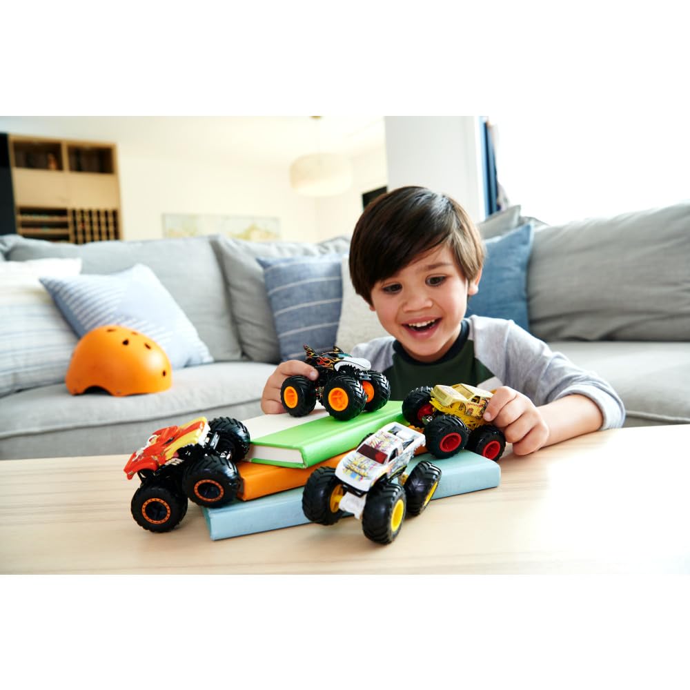 Hot Wheels Monster Trucks 4-Pack window box display highlights collectible styling and easy gifting