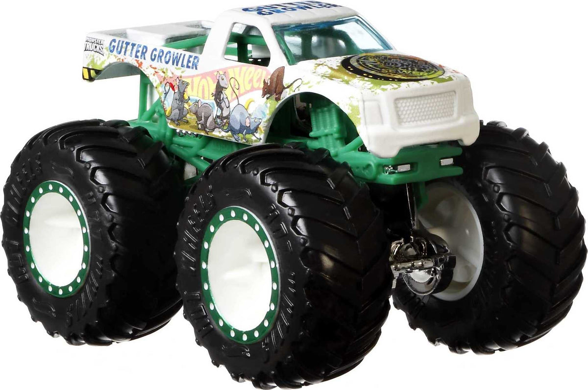 Hot Wheels Monster Trucks 4-pack in window box for instant action play.