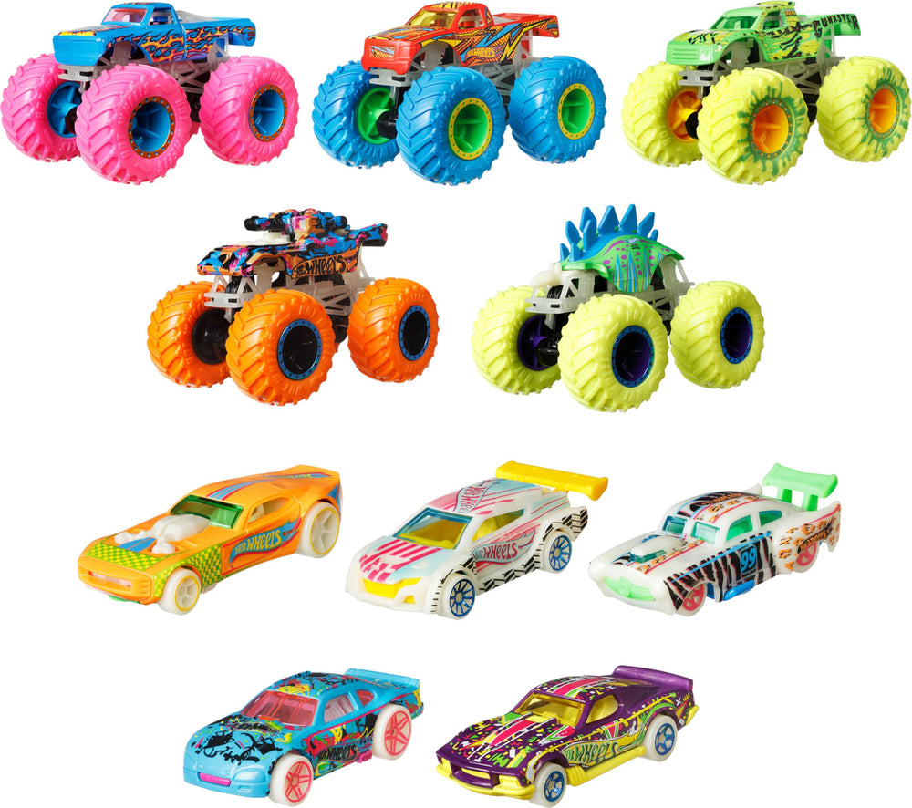 Hot Wheels monster trucks and cars collection includes five trucks and five cars for diverse races.