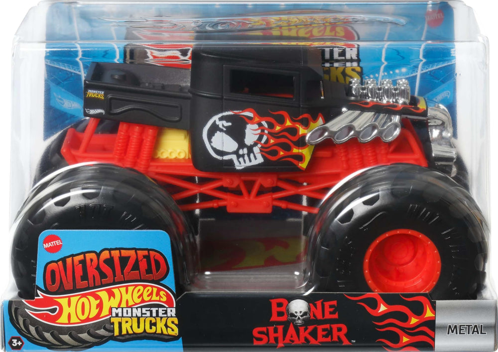 Hot Wheels Monster Trucks back-stats on packaging reveal strength and motor-vation details for imagination.