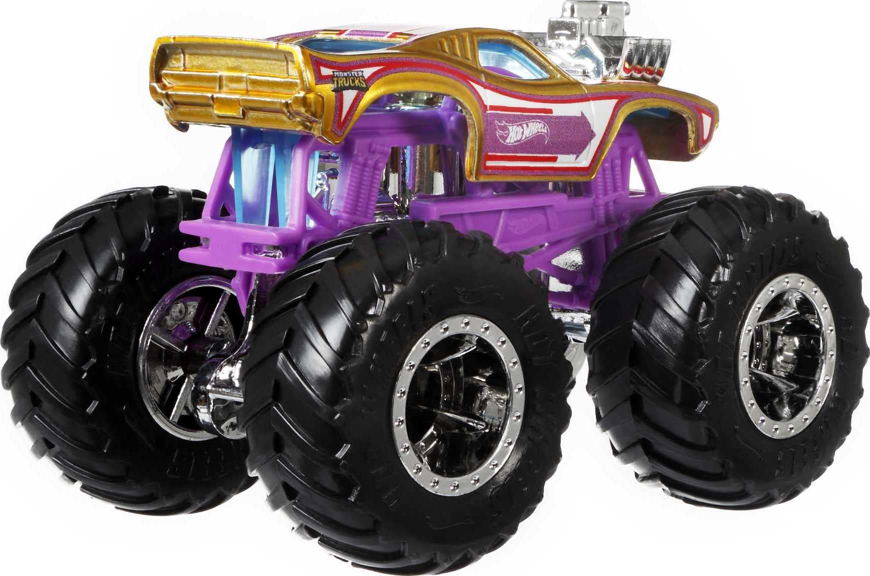 Hot Wheels Monster Trucks back panel shows stats like strength and crash attacks.