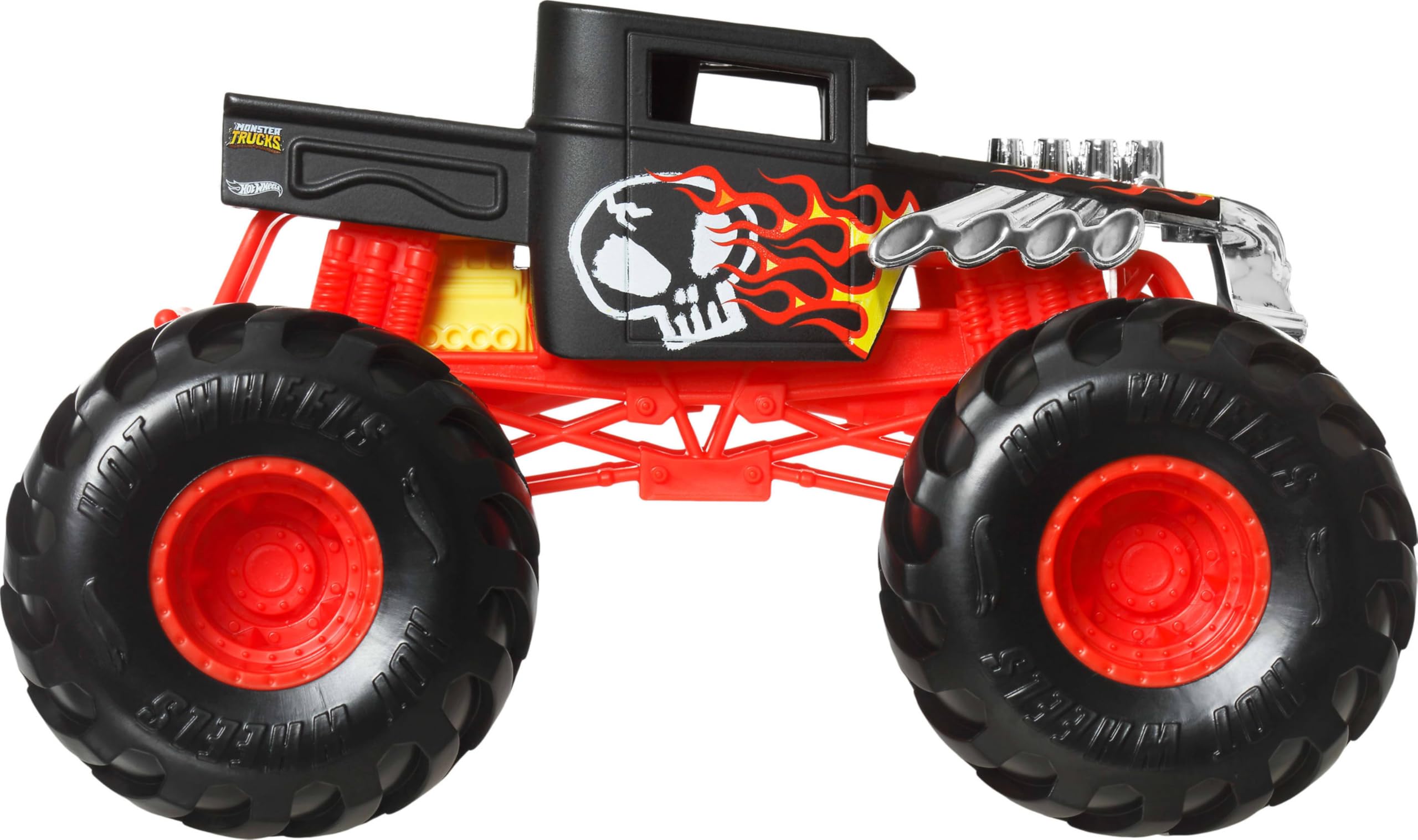 Hot Wheels Monster Trucks die-cast metal body emphasizes durability for long-lasting adventures.