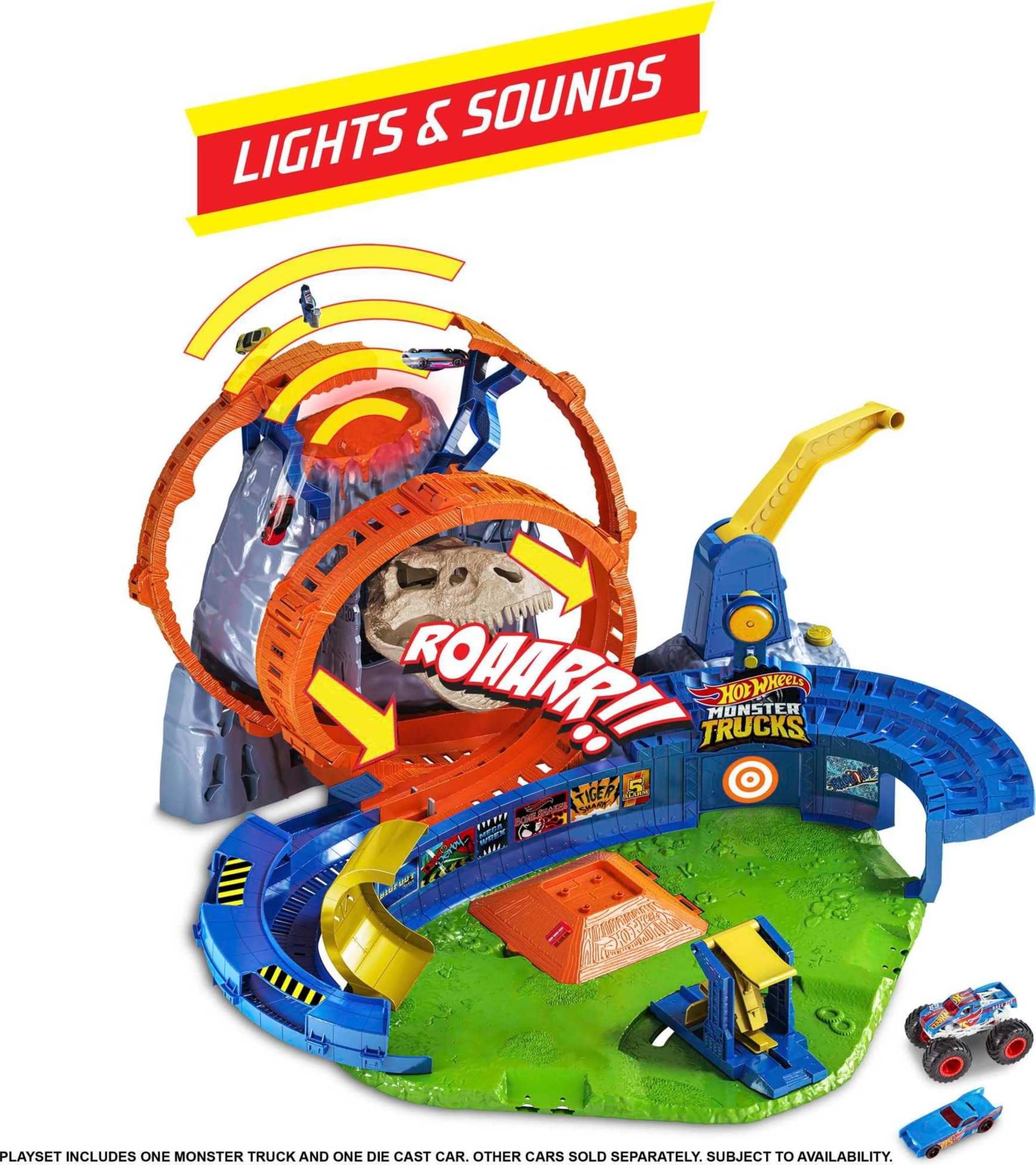 Hot Wheels Monster Trucks double loop track enables high-flying stunts.