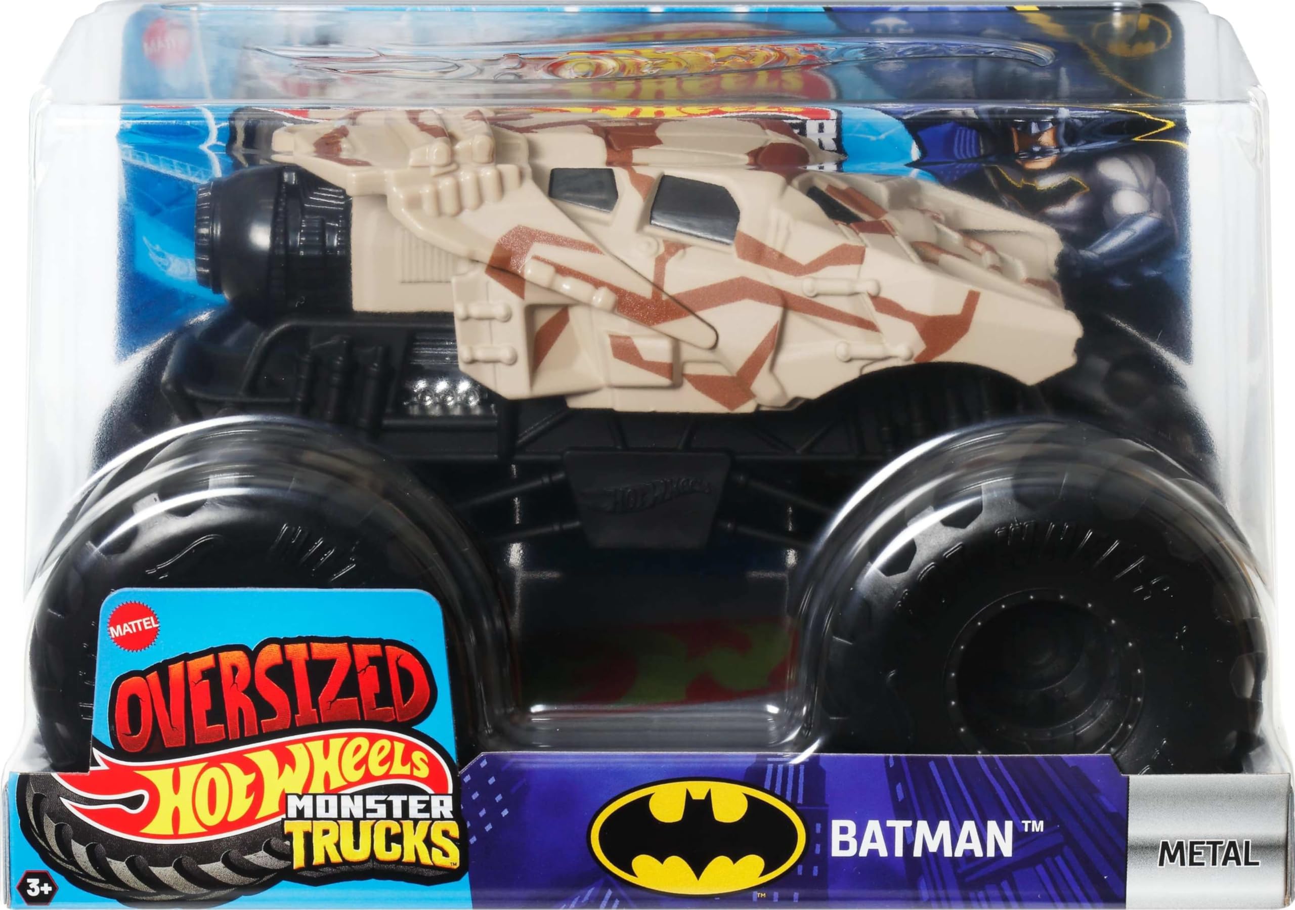 Hot Wheels Monster Trucks side wheels view emphasizes giant tires for smashing action.