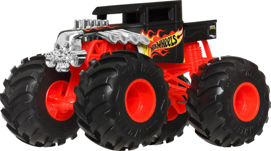 Hot Wheels Monster Trucks side view highlighting giant wheels for dramatic crashes and stunts.