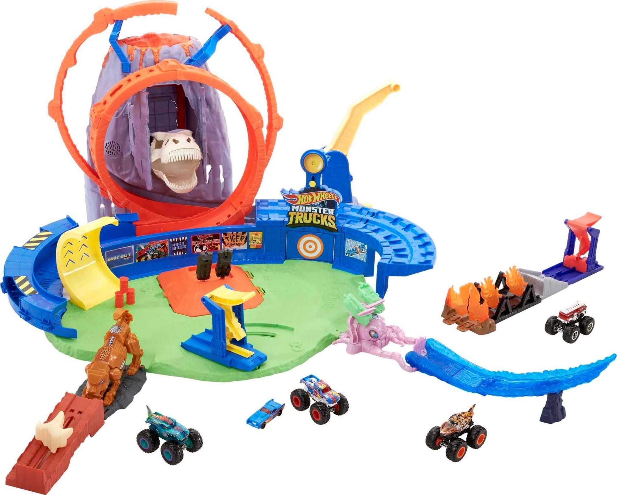 Hot Wheels Monster Trucks T-Rex Volcano Arena erupts with lights for exciting play.