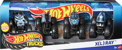 Hot Wheels Monster Trucks X-Ray 4-Pack bright colors showcase vibrant display on shelves.