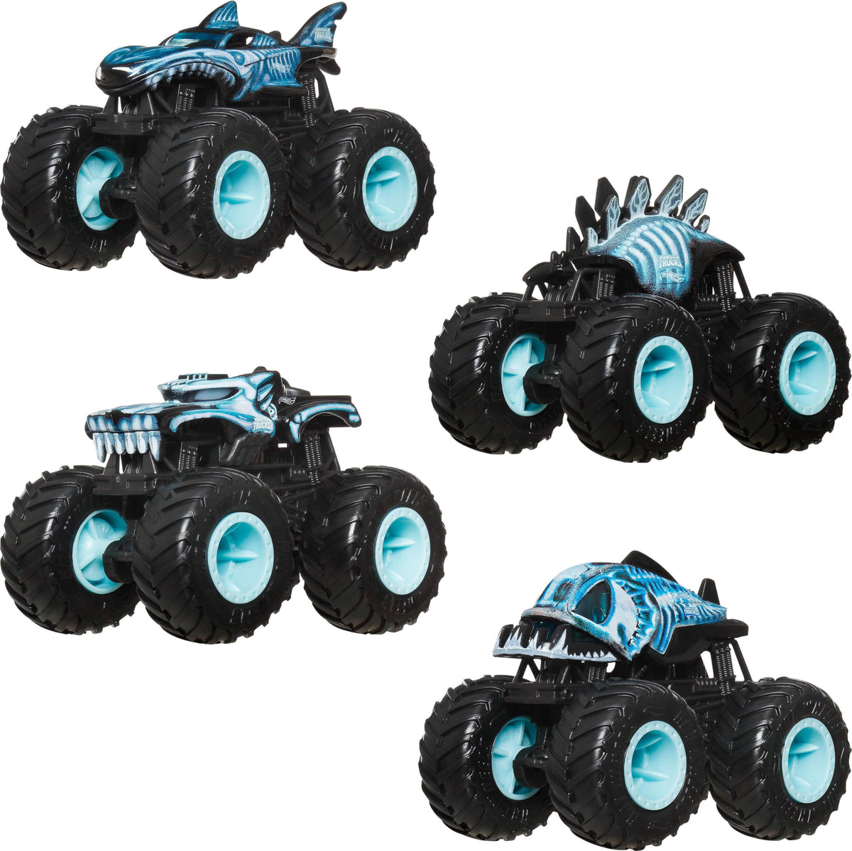 Hot Wheels Monster Trucks X-Ray 4-Pack window box display highlights collectible deco and easy gifting.