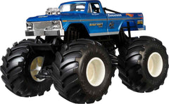 Hot Wheels Monster Trucks back-sticker stats reveal strength and crash data.