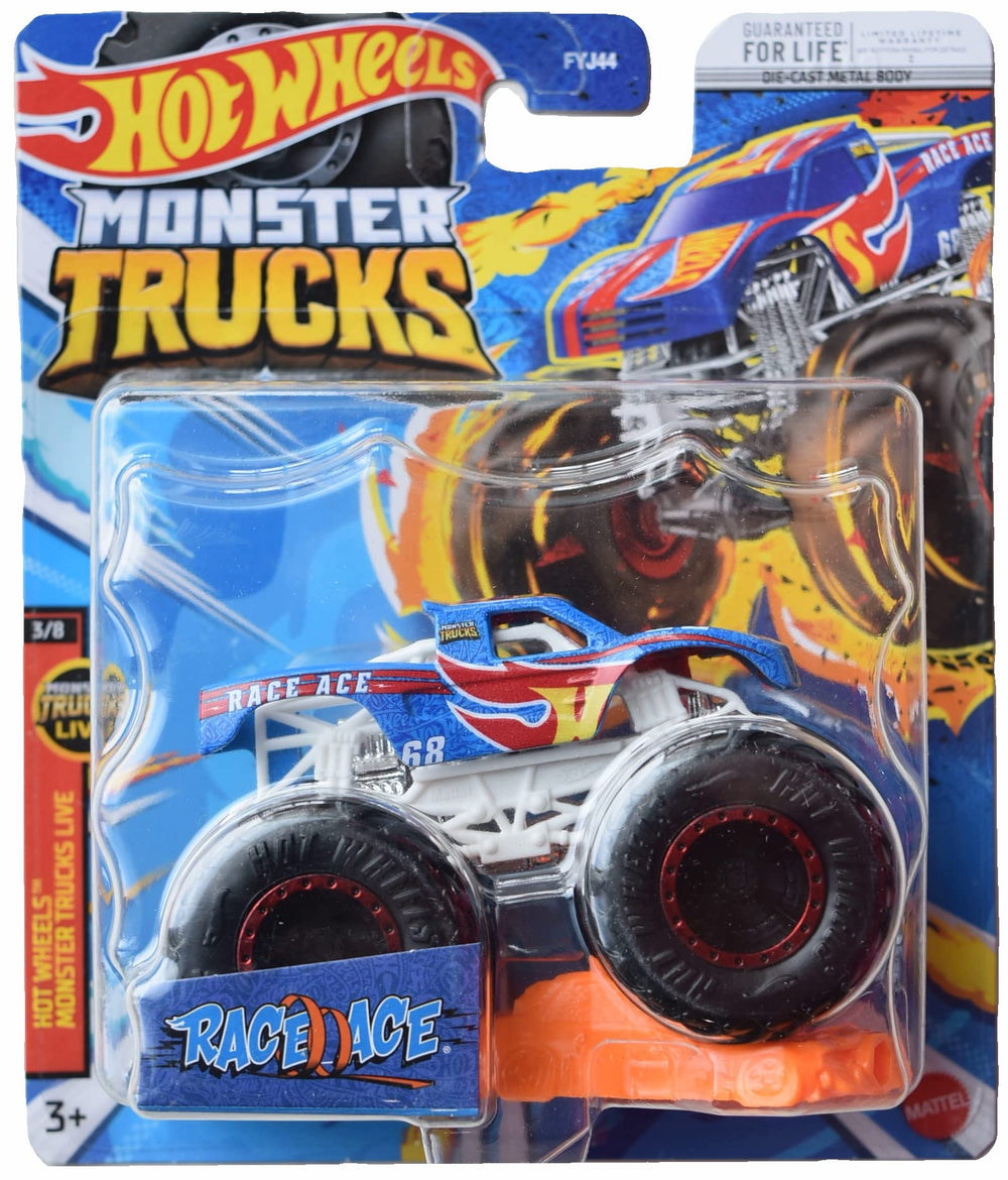 Hot Wheels Race Ace monster truck packaging with collectible wheel and stat details.