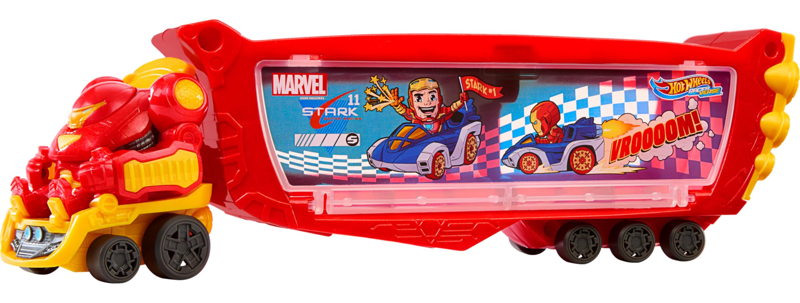 Hot Wheels RacerVerse Hulkbuster Hauler front view for portable display and play