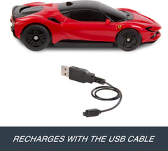 Hot Wheels RC 1:64 Ferrari SF90 Stradale Assetto Fiorano side-action view shows authentic styling.