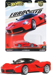 Hot Wheels Red Ferrari LaFerrari closeup reveals Rubber Real Riders for authentic feel.