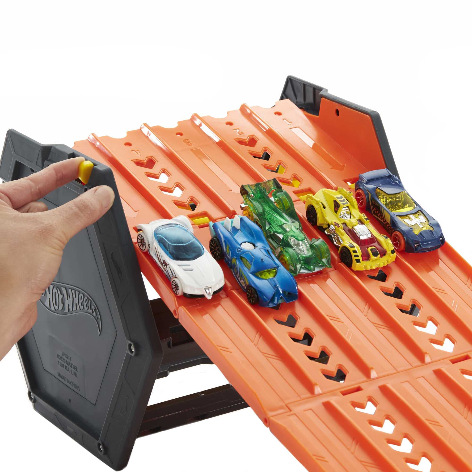 Hot Wheels Roll Out Raceway includes a 1:64 scale car for instant action.