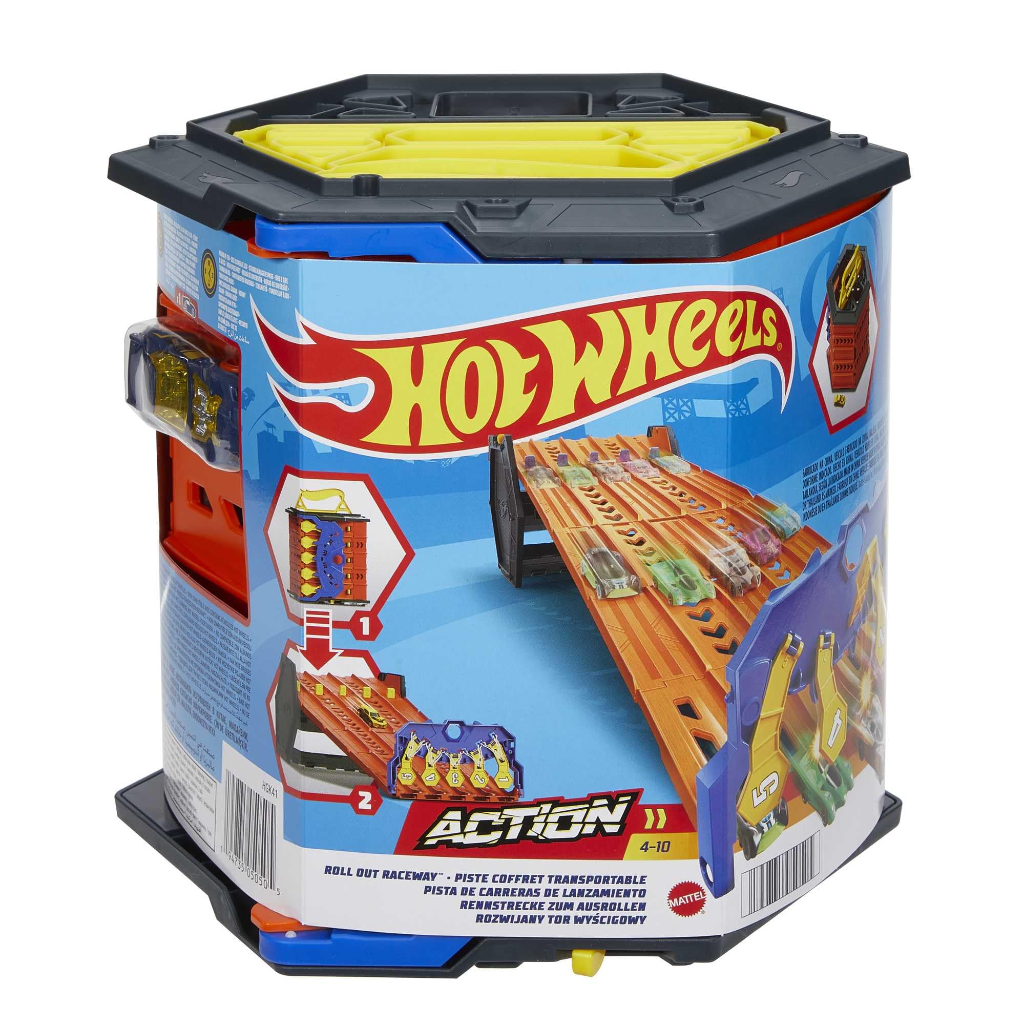 Hot Wheels Roll Out Raceway storage bucket holds up to 80 cars for tidy playtime.