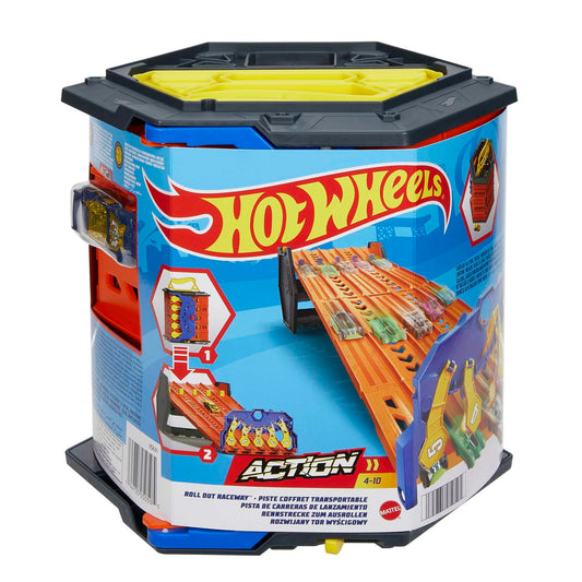 Hot Wheels Roll Out Raceway storage bucket holds up to 80 cars for tidy playtime.