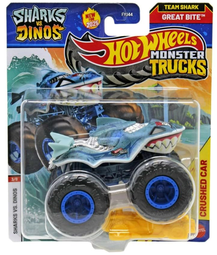 Hot Wheels Sharks vs Dinos 1:64 die-cast truck with shark design for imaginative play and display.