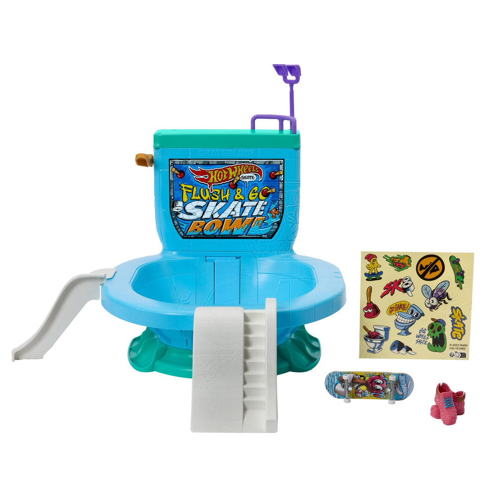 Hot Wheels Skate Flush and Go bowl shows off a curved toilet design for fingerboarding sessions.