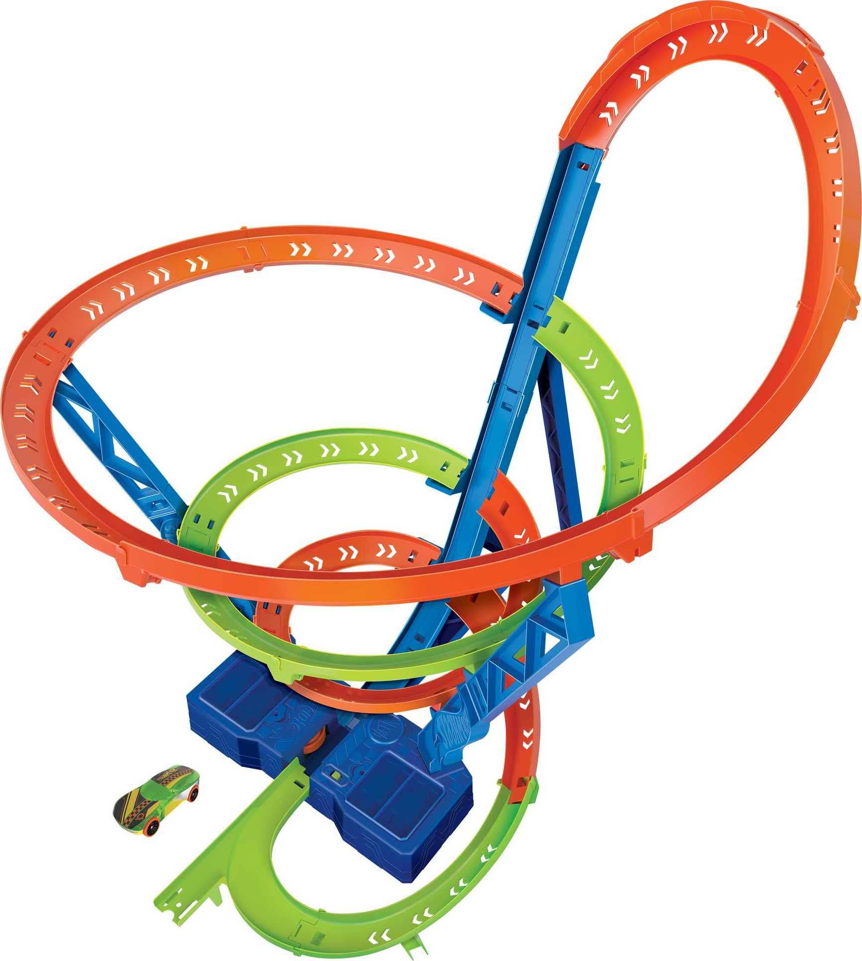 Hot Wheels spiral-speed-crash-track for non-stop racing excitement.