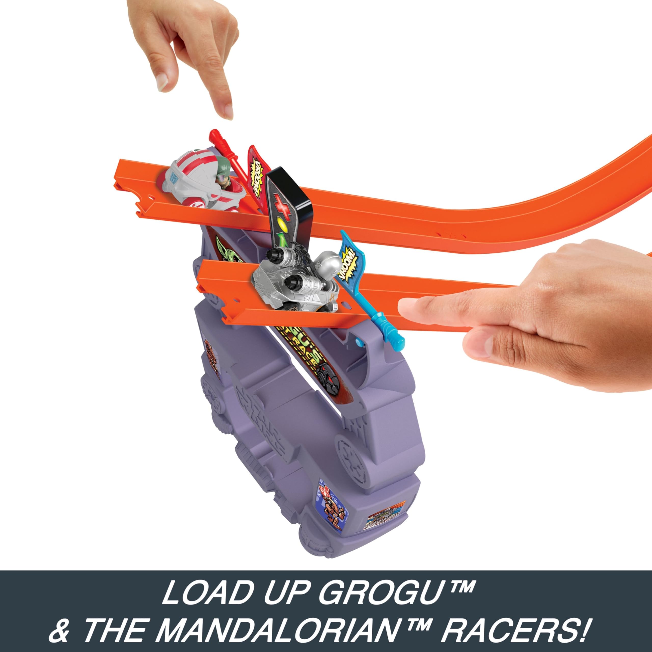 Hot Wheels RacerVerse track set Grogu and Mandalorian launch action.