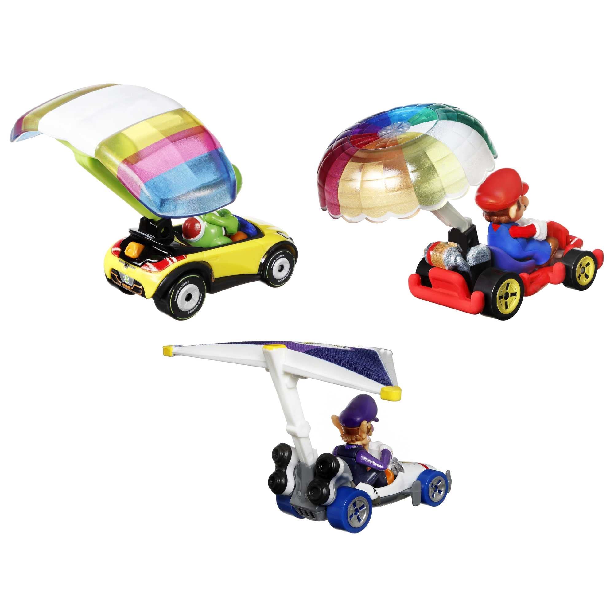 Hot Wheels Super Mario character cars trio display for play and collection.